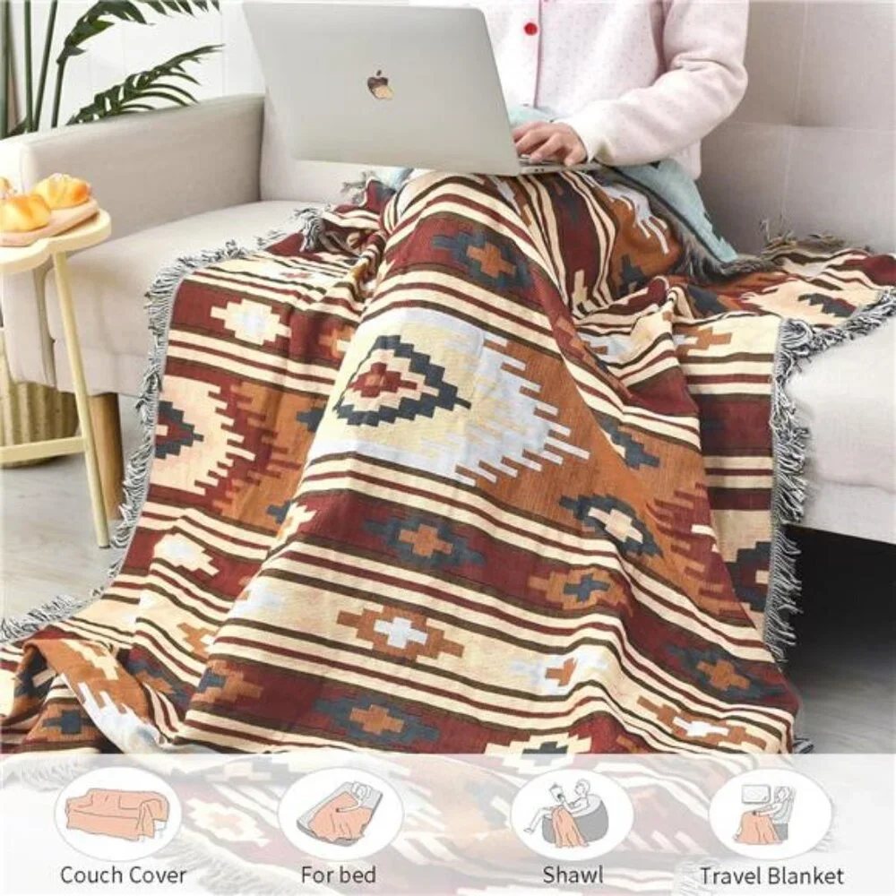 Boho Throw Blanket Reversible Cotton Tapestry Hippie Room Decor